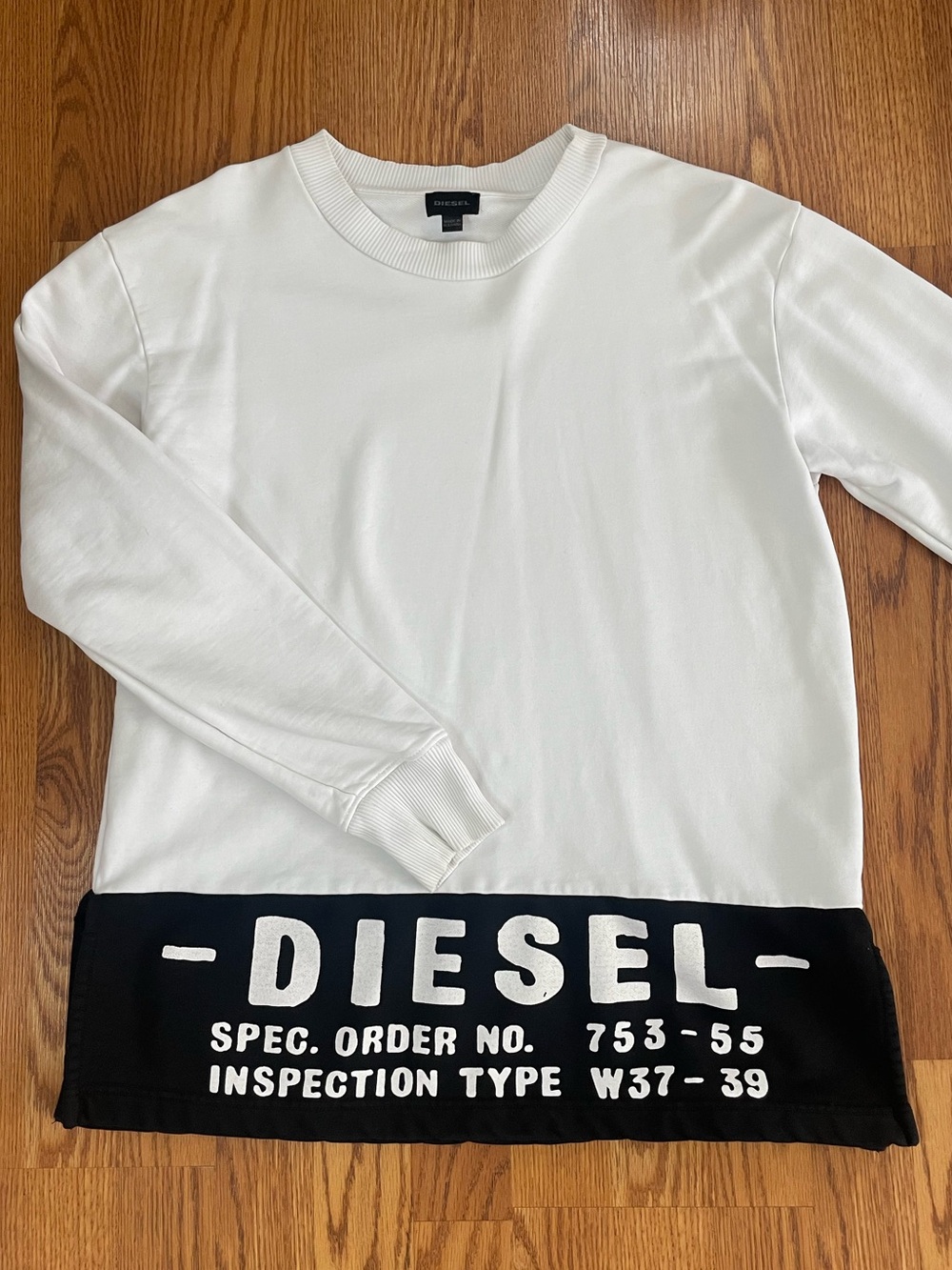 Diesel White & Black Logo Sweatshirt Long Sleeve Size L Graphic Hem